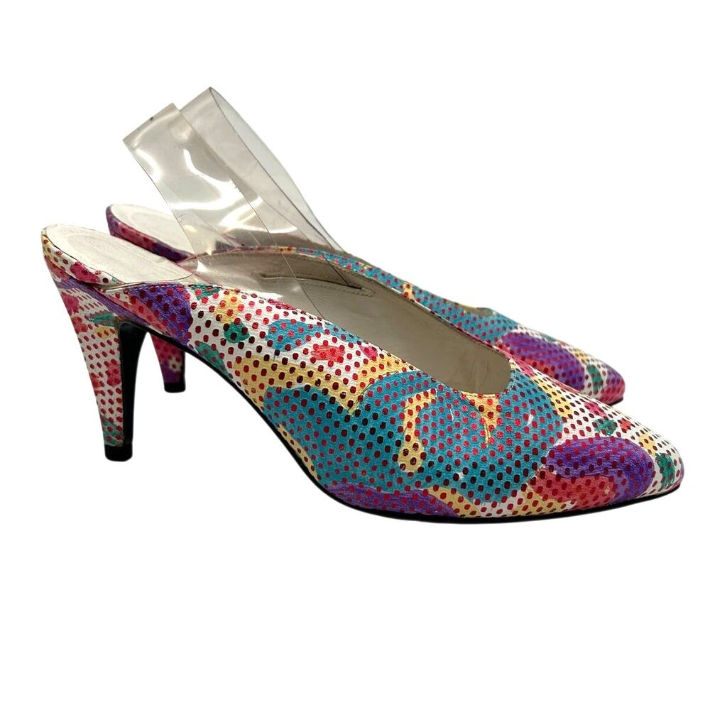 Stuart Weitzman Vintage 80s Pop Art Slingback Pumps 6.5 Colorful Retro Designer - Picture 2 of 15